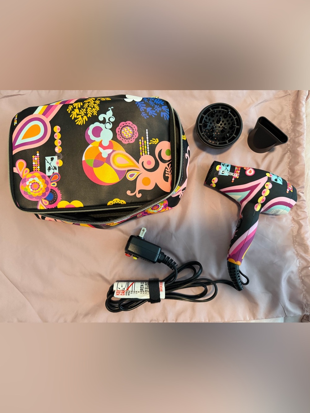 amika Black Travel Hair Dryer with Colorful Floral Pattern and Case - GUC
